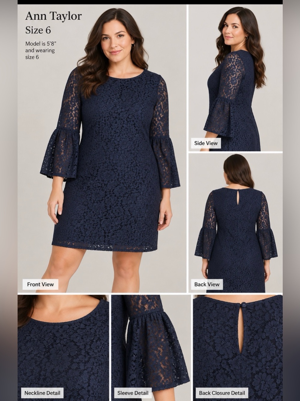 Ann Taylor Navy Lace Long-Sleeve Tiered-Sleeve Shift Dress